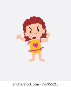 White girl in a swimsuit argues something with a gesture of discontent.
