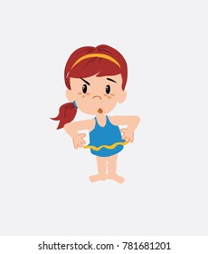 White girl in a swimsuit with an expression of unpleasant surprise.
