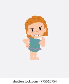 White girl in a swimsuit ponders, something angry.
