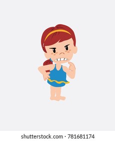 White girl in a swimsuit ponders, something angry.
