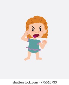 White girl in a swimsuit screams angry in aggressive attitude.
