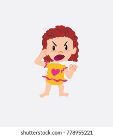White girl in a swimsuit screams angry in aggressive attitude.
