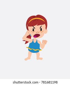 White girl in a swimsuit screams angry in aggressive attitude.
