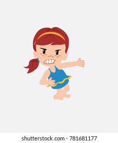 White girl in a swimsuit shows very angry something to his left.
