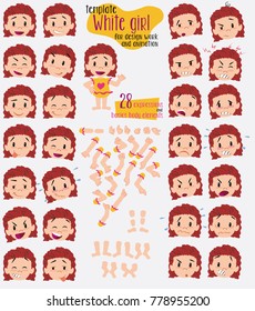 White girl in a swimsuit. Twenty eight expressions and basics body elements, template for design work and animation. Vector illustration to Isolated and funny cartoon character.