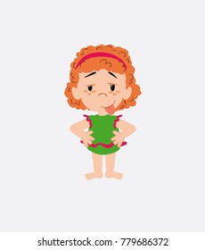 White girl in a swimsuit in waiting attitude with funny expression.
