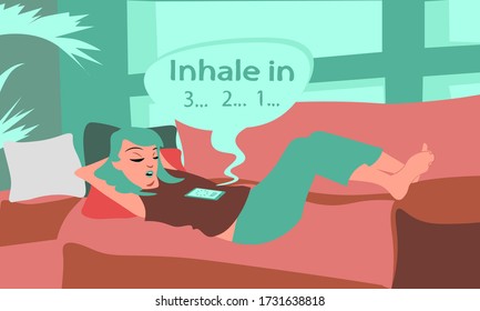 White girl takes breathing exercises with self care application while lying on sofa in living room. Cartoon style concept illustration in flat design and calm bright colors.