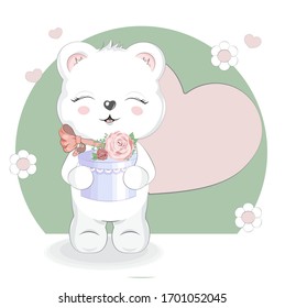 White Girl Teddy Bear with gift, adorable cute love symbol. Picture in hand drawing cartoon style, for t-shirt wear fashion print design, greeting. Happy birthday card, party invitation. 