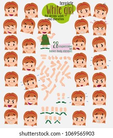 White girl. Twenty eight expressions and basics body elements, template for design work and animation. Vector illustration to Isolated and funny cartoon character.