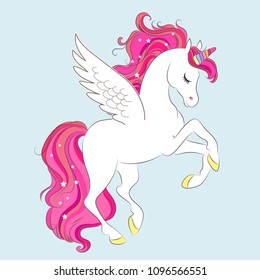 White girl Unicorn with Pink hair and stars. Vector illustration for children design. Beautiful fantasy cartoon animal