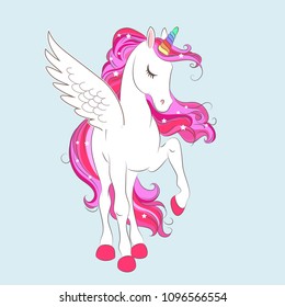 White girl Unicorn with Pink hair and stars. Vector illustration for children design. Beautiful fantasy cartoon animal