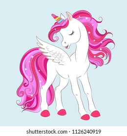 White girl Unicorn with Pink hair and stars. Vector illustration for children design. Beautiful fantasy cartoon animal