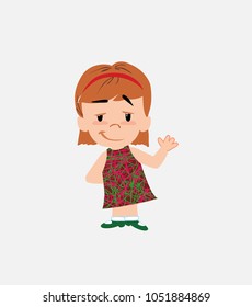White girl waving with a dreamy expression.