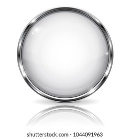 White glass 3d button with metal frame. With reflection on white background. Vector illustration