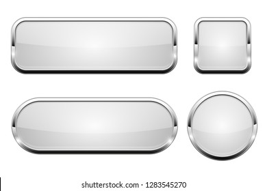 White glass 3d buttons. With chrome frame. Set of web icons. Vector illustration isolated on white background