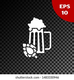 White Glass of beer and hop icon isolated on transparent dark background.  Vector Illustration
