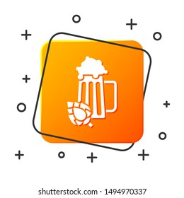 White Glass of beer and hop icon isolated on white background. Orange square button. Vector Illustration