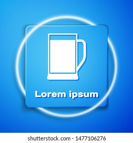 White Glass of beer icon isolated on blue background. Blue square button. Vector Illustration
