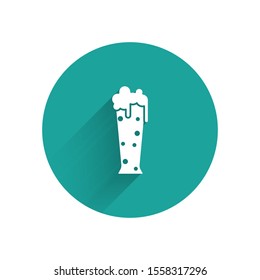 White Glass of beer icon isolated with long shadow. Green circle button. Vector Illustration