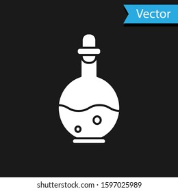 White Glass bottle with magic elixir icon isolated on black background. Computer game asset.  Vector Illustration