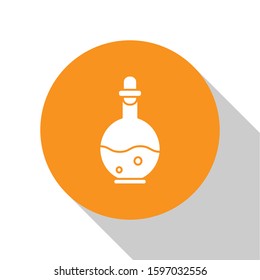 White Glass bottle with magic elixir icon isolated on white background. Computer game asset. Orange circle button. Vector Illustration