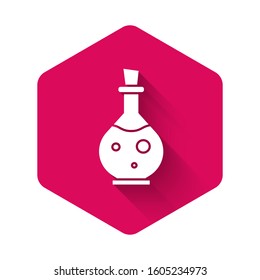 White Glass bottle with magic elixir icon isolated with long shadow. Computer game asset. Pink hexagon button. Vector Illustration