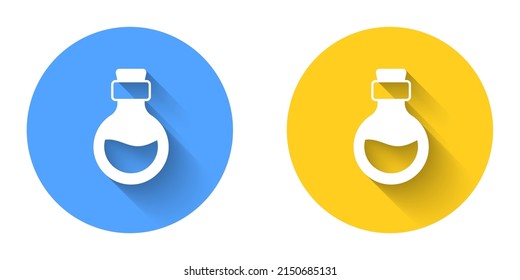 White Glass bottle with magic elixir icon isolated with long shadow background. Computer game asset. Circle button. Vector