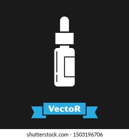 White Glass bottle with a pipette. Vial with a pipette inside icon isolated on black background. Container for medical and cosmetic product.  Vector Illustration