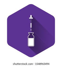 White Glass bottle with a pipette. Vial with a pipette inside and closed lid icon isolated with long shadow. Container for medical and cosmetic product. Purple hexagon button. Vector Illustration