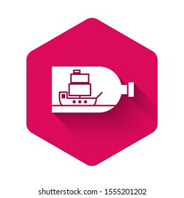 White Glass bottle with ship inside icon isolated with long shadow. Miniature model of marine vessel. Hobby and sea theme. Pink hexagon button. Vector Illustration