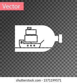 White Glass bottle with ship inside icon isolated on transparent background. Miniature model of marine vessel. Hobby and sea theme.  Vector Illustration