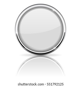 White glass button with chrome frame. Vector 3d illustration isolated on white background.