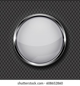 White glass button with chrome frame on metal perforated background. Vector 3d illustration