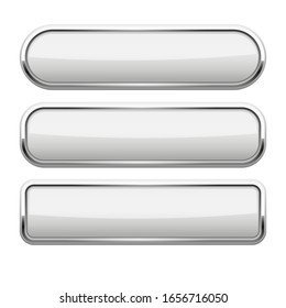 White glass button with metal frame. Vector 3d illustration isolated on white background