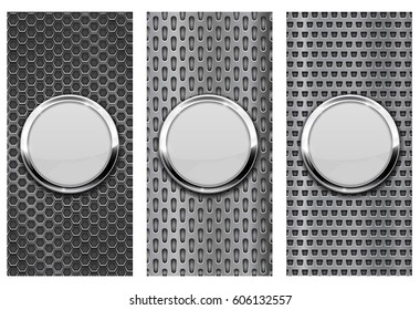 White glass button on metal perforated background. Set of brochure templates. Vector 3d illustration