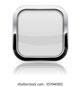 White glass button. Square shiny 3d icon with metal frame. Vector illustration isolated on white background