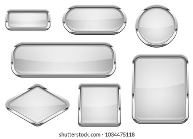 White glass buttons with chrome frame. Set of shiny 3d web icons. Vector illustration isolated on white background