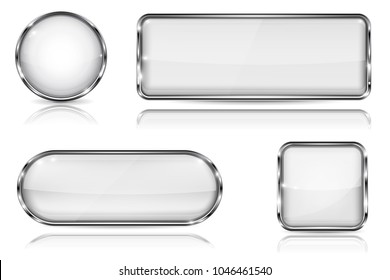 White glass buttons with chrome frame. Set of blank shiny 3d web icons. Vector illustration isolated on white background