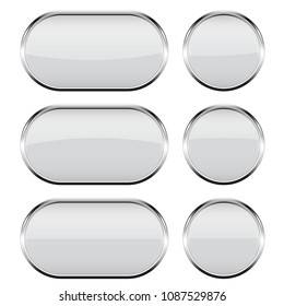 White glass buttons with chrome frame. 3d icons. Vector illustration isolated on white background