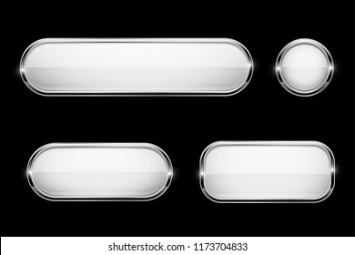 White glass buttons with chrome frame on black background. 3d icons. Vector illustration