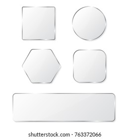 White glass buttons with chrome frame. Vector illustration
