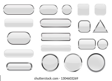 White glass buttons. Collection of 3d icons with and without chrome frame. Vector illustration isolated on white background