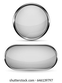 White glass buttons with metal frame. Round and oval web icons. Vector 3d illustration isolated on white background