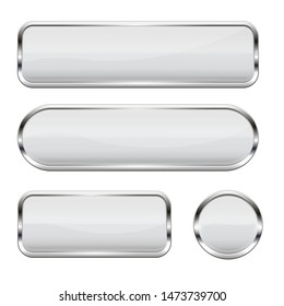 White glass buttons. Set of 3d shiny icons with chrome frame. Vector illustration isolated on white background