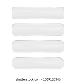 White glass buttons. Shiny rectangle and oval 3d icons with reflection. Vector illustration isolated on white background