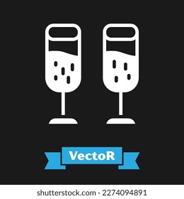 White Glass of champagne icon isolated on black background. Merry Christmas and Happy New Year.  Vector