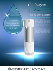 White glass flacon with silver elements. Beautiful vector illustration in realistic style. Cosmetic, skin care or perfumery concept in light blue colours. Premium design template.