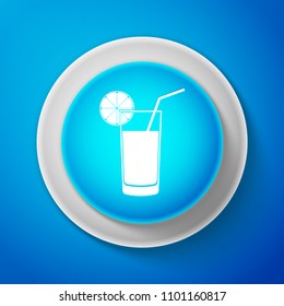 White Glass of juice icon isolated on blue background. Orange slice and tube for drinking. Healthy organic food. Circle blue button with white line. Vector Illustration