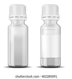 White glass medicine bottle with screw cap.