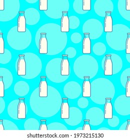 White glass milk bottles isolated on blue background. Cute linear seamless pattern. Vector simple flat graphic illustration. Texture.